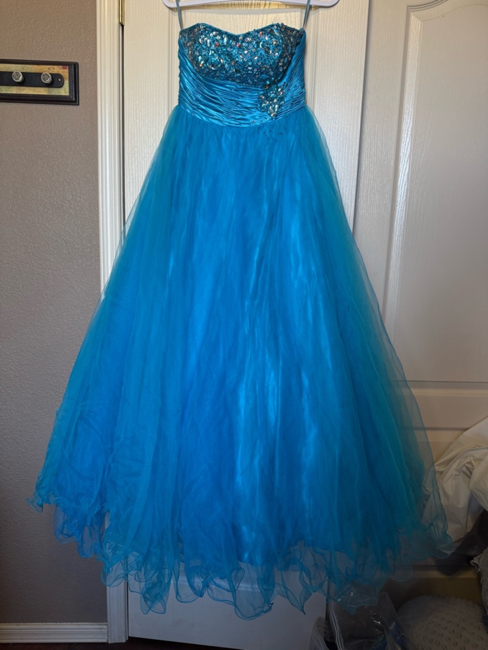 Strapless Turquoise Prom Ball Gown with Beaded Sweetheart Bodice